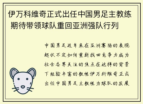 伊万科维奇正式出任中国男足主教练 期待带领球队重回亚洲强队行列