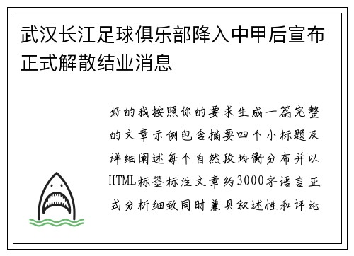 武汉长江足球俱乐部降入中甲后宣布正式解散结业消息