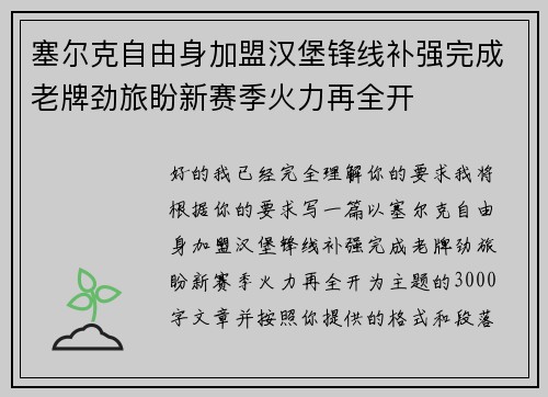 塞尔克自由身加盟汉堡锋线补强完成老牌劲旅盼新赛季火力再全开